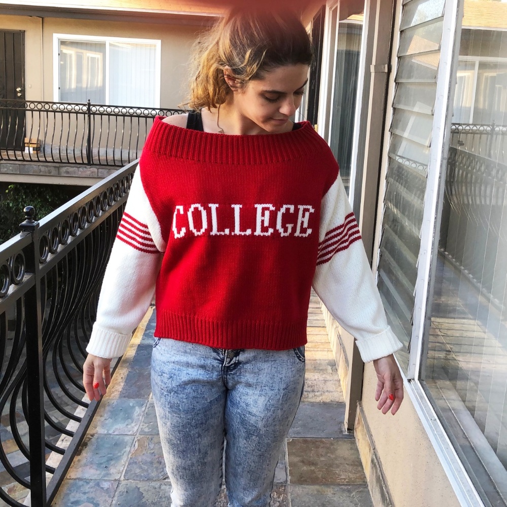 Flattering Judith March College Sweater. Boxy, wide neck and super flattering!